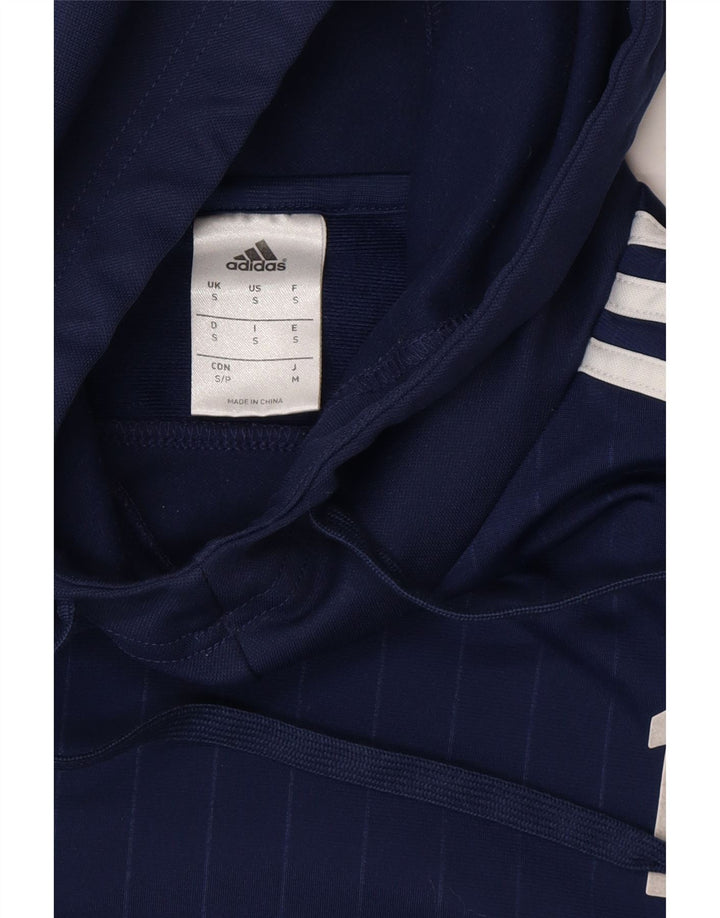 ADIDAS Mens Graphic Hoodie Jumper Small Navy Blue Polyester Vintage Adidas and Second-Hand Adidas from Messina Hembry 