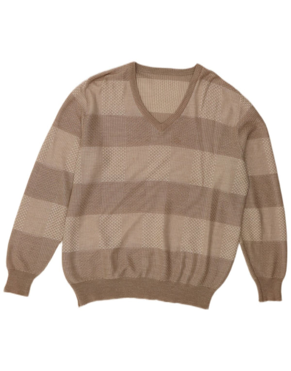 Vintage hombres V-cuello jumper suéter IT 56 XL marrón rayas acrílico