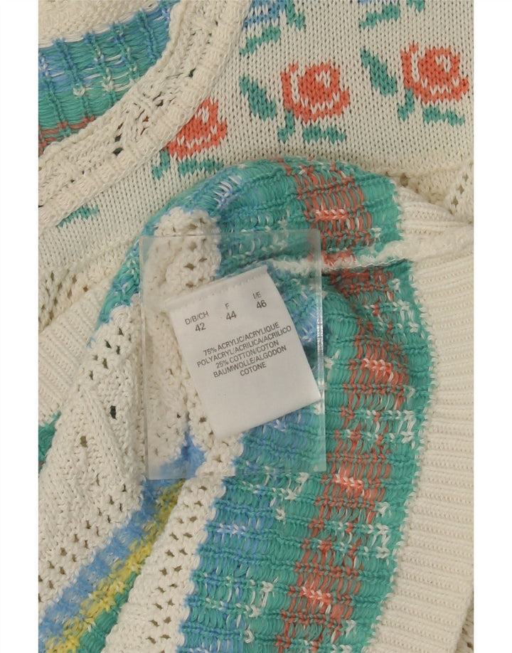 VINTAGE Jersey de cuello barco para mujer IT 46 Acrílico floral blanco grande