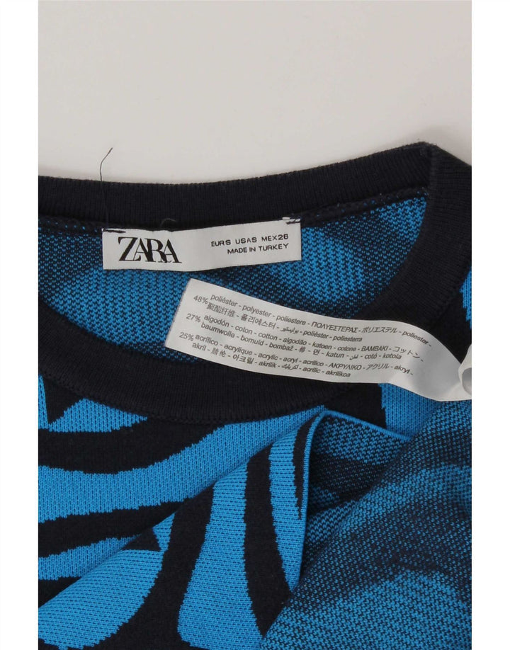 Zara Mujer Top Corto Con Estampado Abstracto Manga Larga UK 8 Small Poliéster Azul