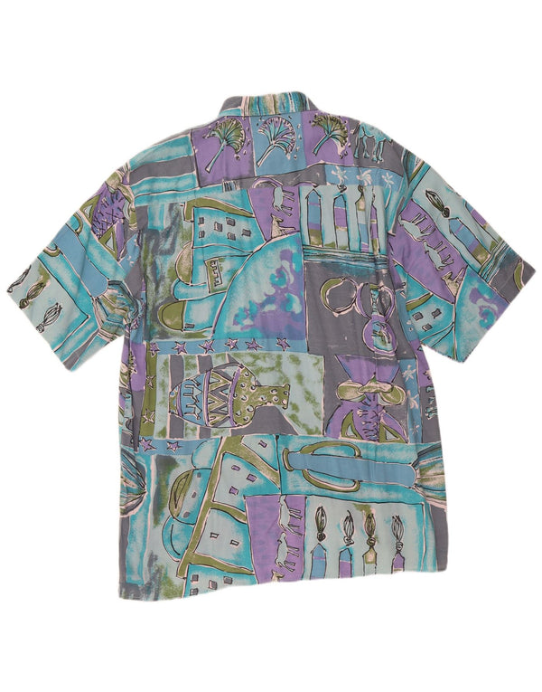 Vintage hombres patrón abstracto camisa de manga corta XL turquesa