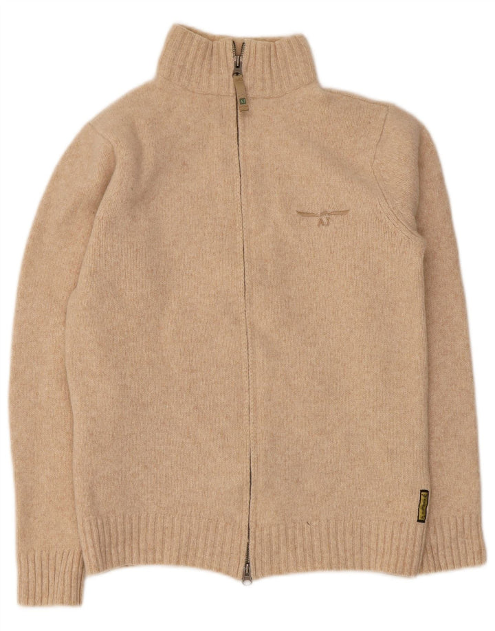 Armani Mujer Cárdigan Suéter UK 12 Medio Beige Lana Virgen
