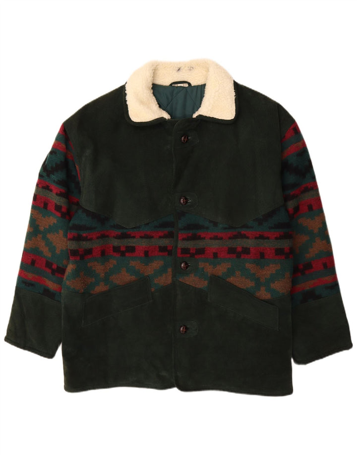 Vintage hombres ante chaqueta Reino Unido 42 XL caqui lana geométrica