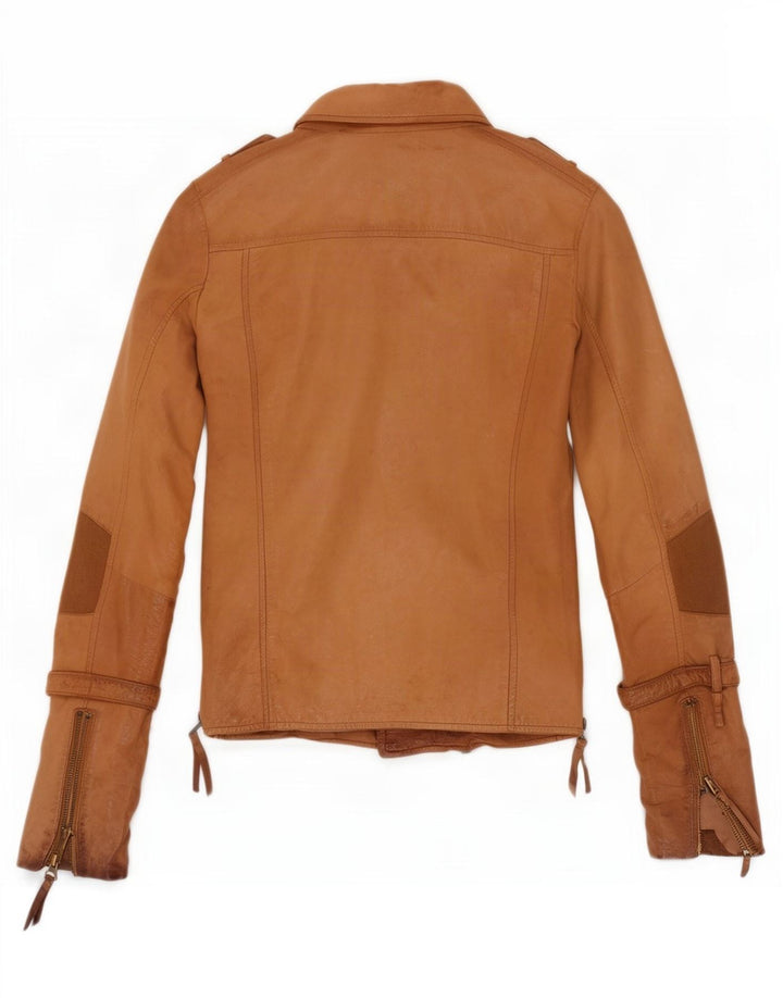 True Religion Chaqueta motera de cuero para mujer UK 40 Small Beige Colorblock