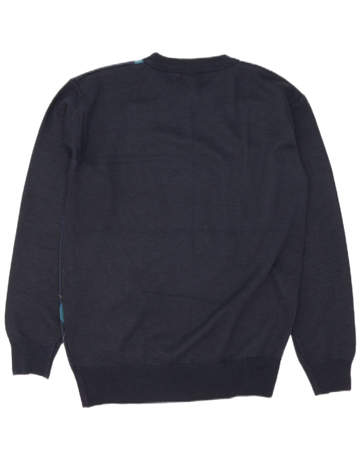 Vintage hombres cuello redondo jersey suéter grande azul marino Argyle/lana de diamante