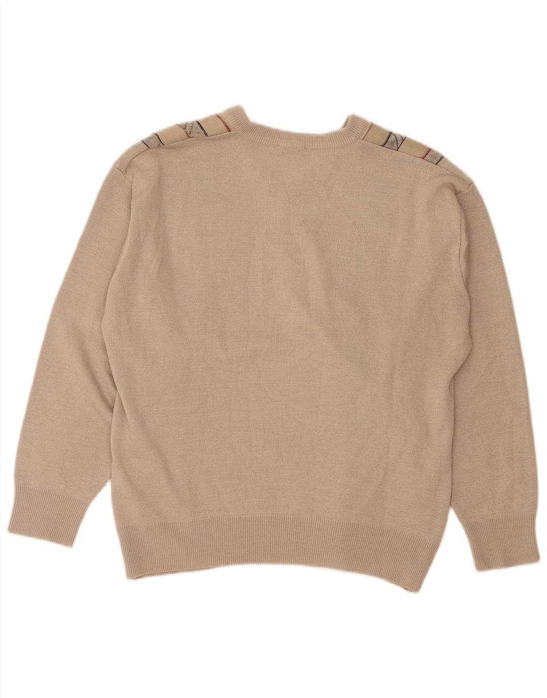 GABICCI Mens V-Neck Jumper Sweater Large Beige Geometric Wool