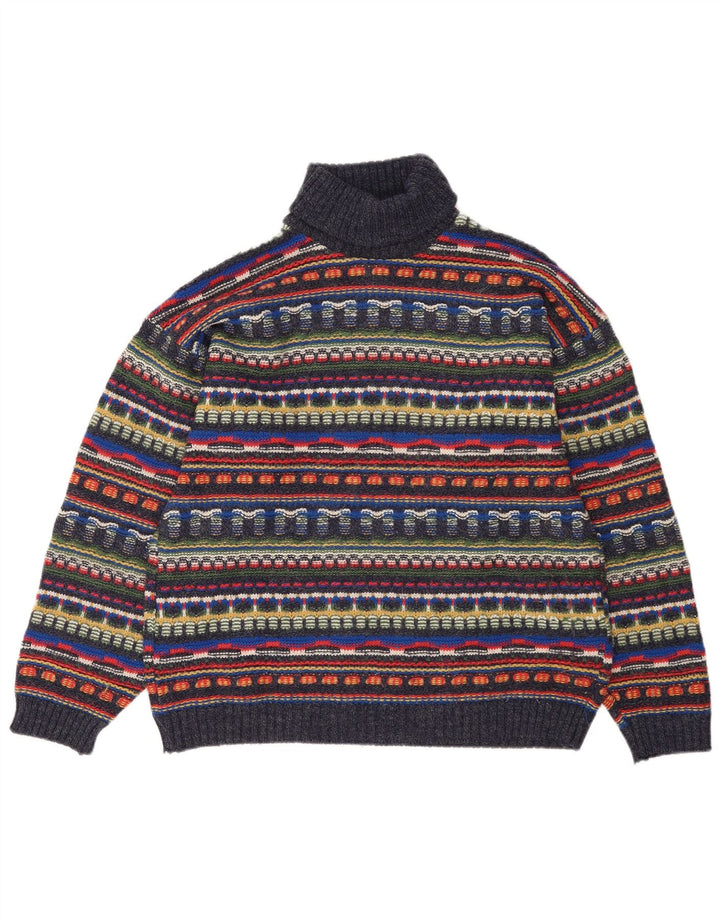 Vintage hombres rollo cuello jersey suéter grande multicolor Fair Isle lana