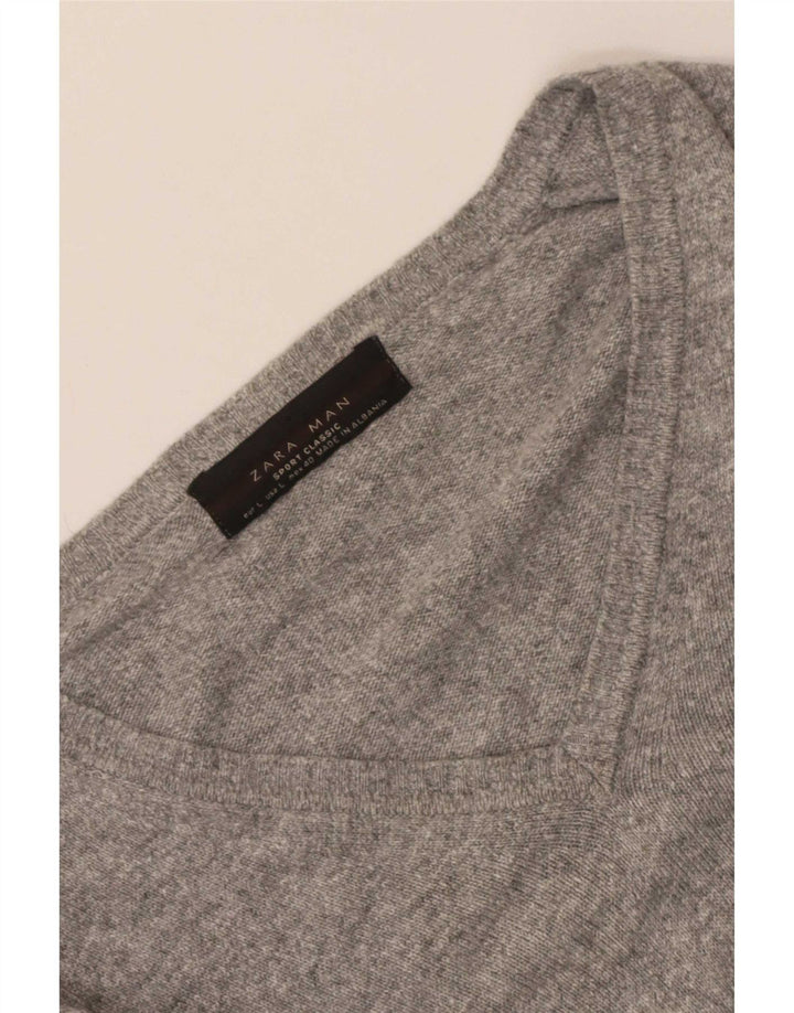 Zara Mens V-Neck Jumper Sweater Large Grey