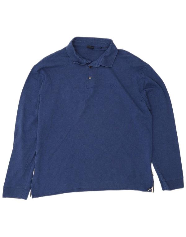 Hugo Boss Polo de manga larga para hombre, ajuste regular, algodón azul grande