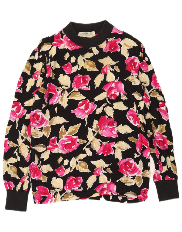 Vintage mujer top manga larga Reino Unido 14 medio negro floral viscosa