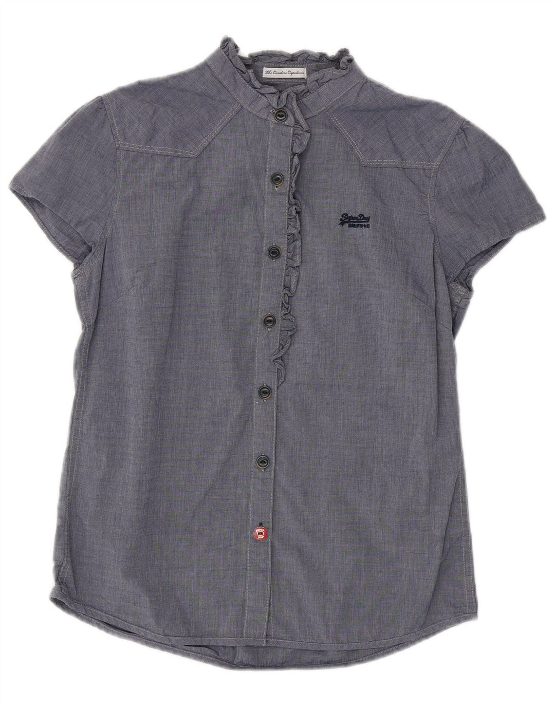 SUPERDRY Blusa camisera con volantes en la parte delantera para mujer UK 40 Azul marino mediano