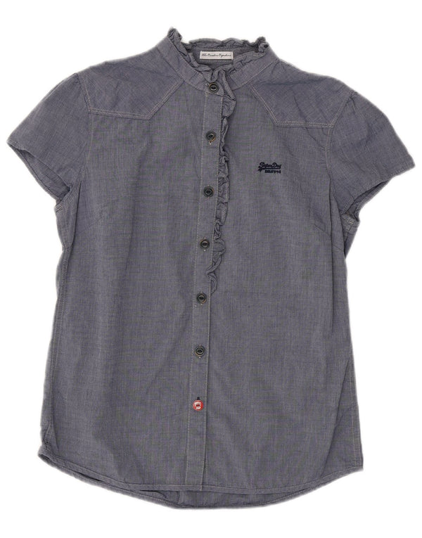 SUPERDRY Blusa camisera con volantes en la parte delantera para mujer UK 40 Azul marino mediano