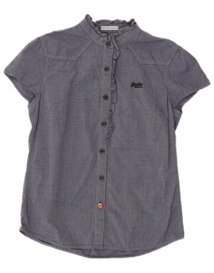 SUPERDRY Blusa camisera con volantes en la parte delantera para mujer UK 40 Azul marino mediano