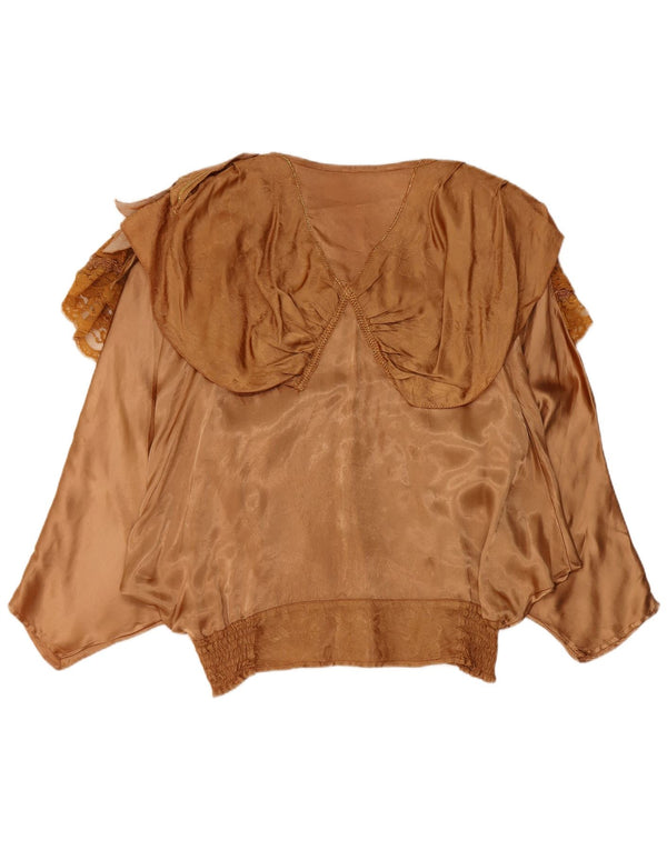 Vintage mujer volante delantero Batwing blusa Top EU 40/42 Viscosa marrón grande