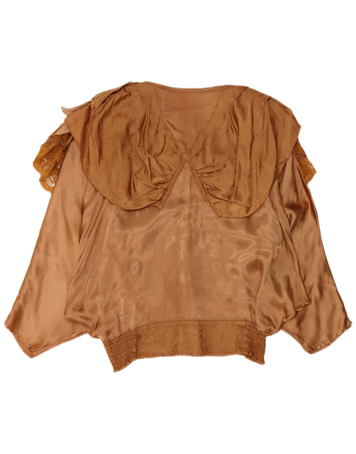 Vintage mujer volante delantero Batwing blusa Top EU 40/42 Viscosa marrón grande