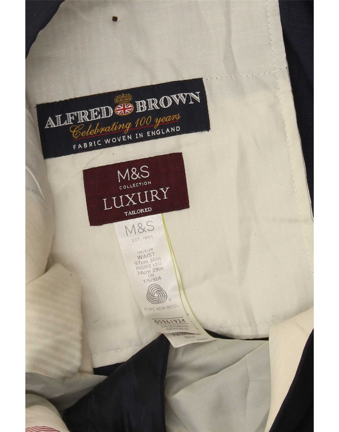 Marks & Spencer Pantalón de traje recto para hombre W38 L29 Lana azul marino