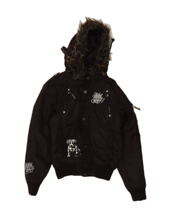 VINTAGE Chaqueta bomber con capucha gráfica para mujer Reino Unido 14 Nylon negro mediano