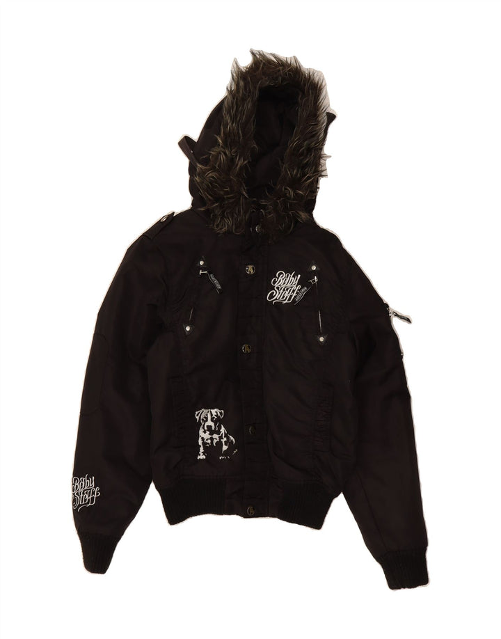 VINTAGE Chaqueta bomber con capucha gráfica para mujer Reino Unido 14 Nylon negro mediano