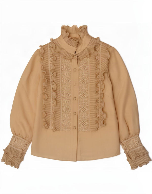 Vintage mujer volante camisa delantera blusa Reino Unido 8 pequeño beige