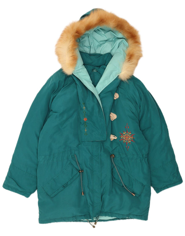 Vintage mujer chaqueta acolchada con capucha Reino Unido 18 XL poliéster azul