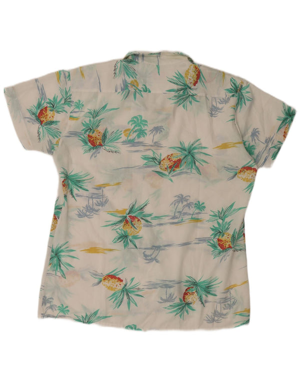 Vintage hombres camisa de manga corta medio blanco poliéster hawaiano