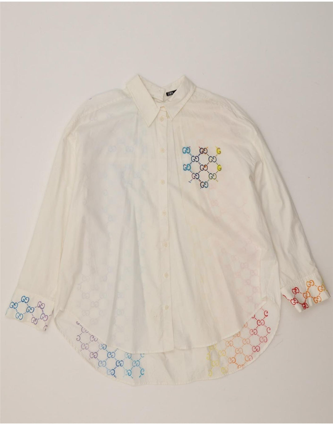 Zara Mujer Camisa Extragrande UK 44 Algodón Geométrico Blanco Mediano