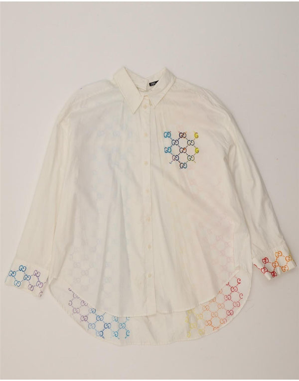 Zara Mujer Camisa Extragrande UK 44 Algodón Geométrico Blanco Mediano
