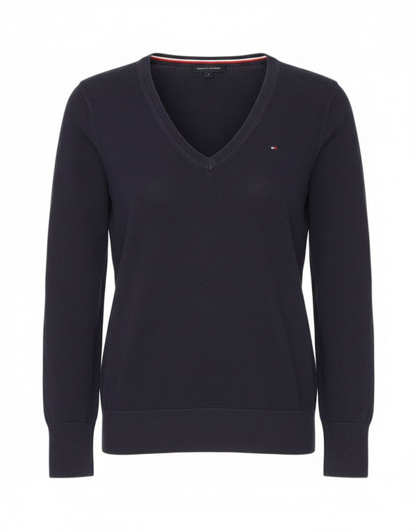 Tommy Hilfiger Suéter con cuello en V para mujer UK 12 Algodón azul marino mediano