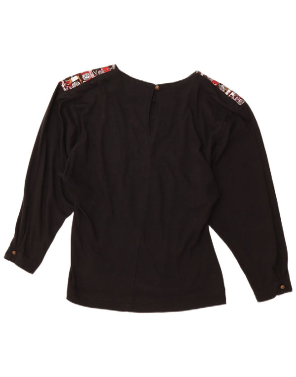VINTAGE Mujer Gráfico Manga Larga Blusa Top Reino Unido 12 Acrílico Negro Medio