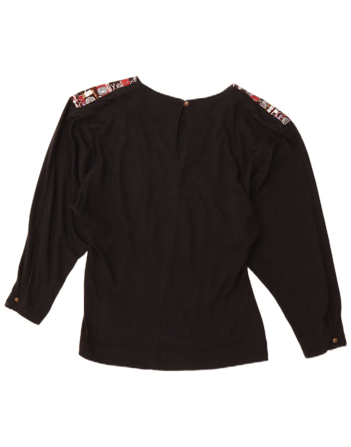 VINTAGE Mujer Gráfico Manga Larga Blusa Top Reino Unido 12 Acrílico Negro Medio
