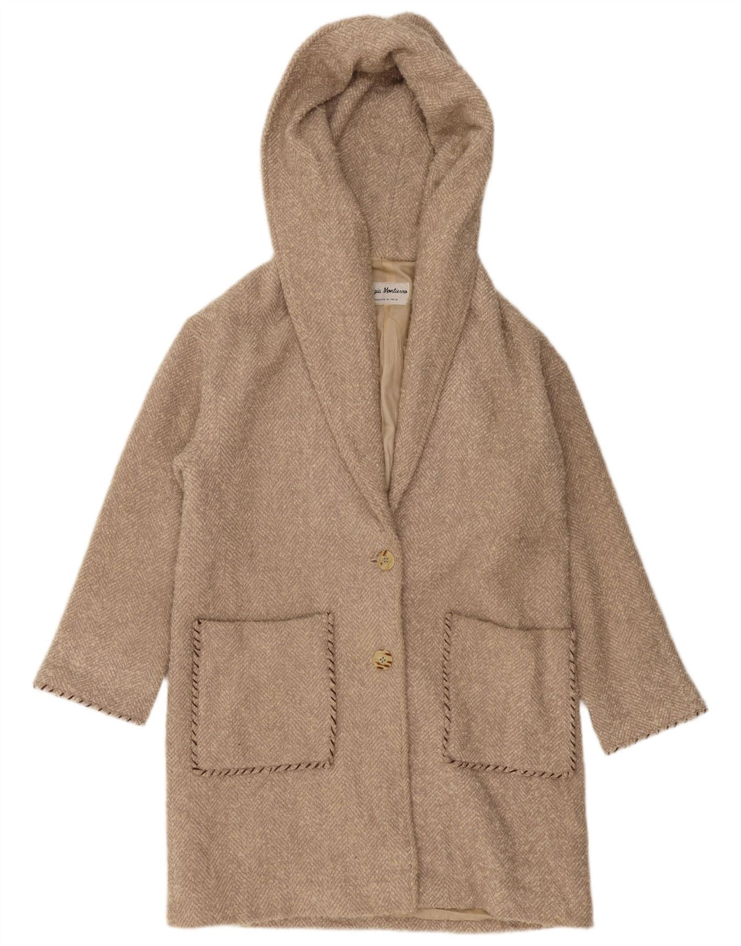 VINTAGE Abrigo con capucha de gran tamaño para mujer Reino Unido 10 Pequeño Beige Herringbone