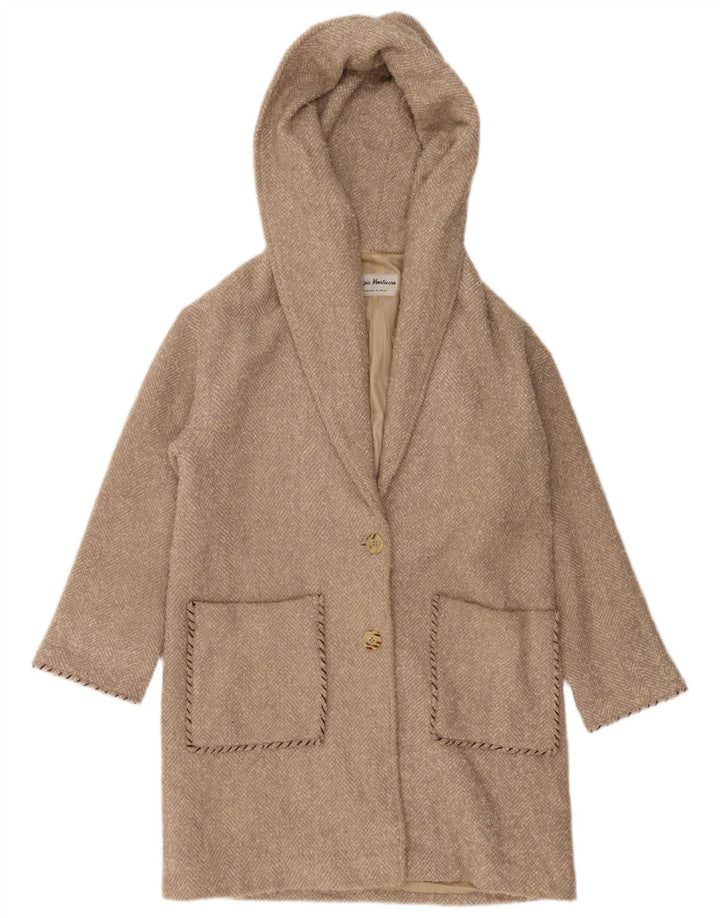 VINTAGE Abrigo con capucha de gran tamaño para mujer Reino Unido 10 Pequeño Beige Herringbone