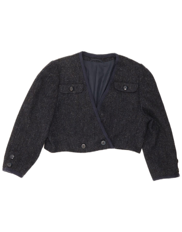 Vintage mujer 3/4 manga Bolero chaqueta Reino Unido 12 medio azul marino espiga