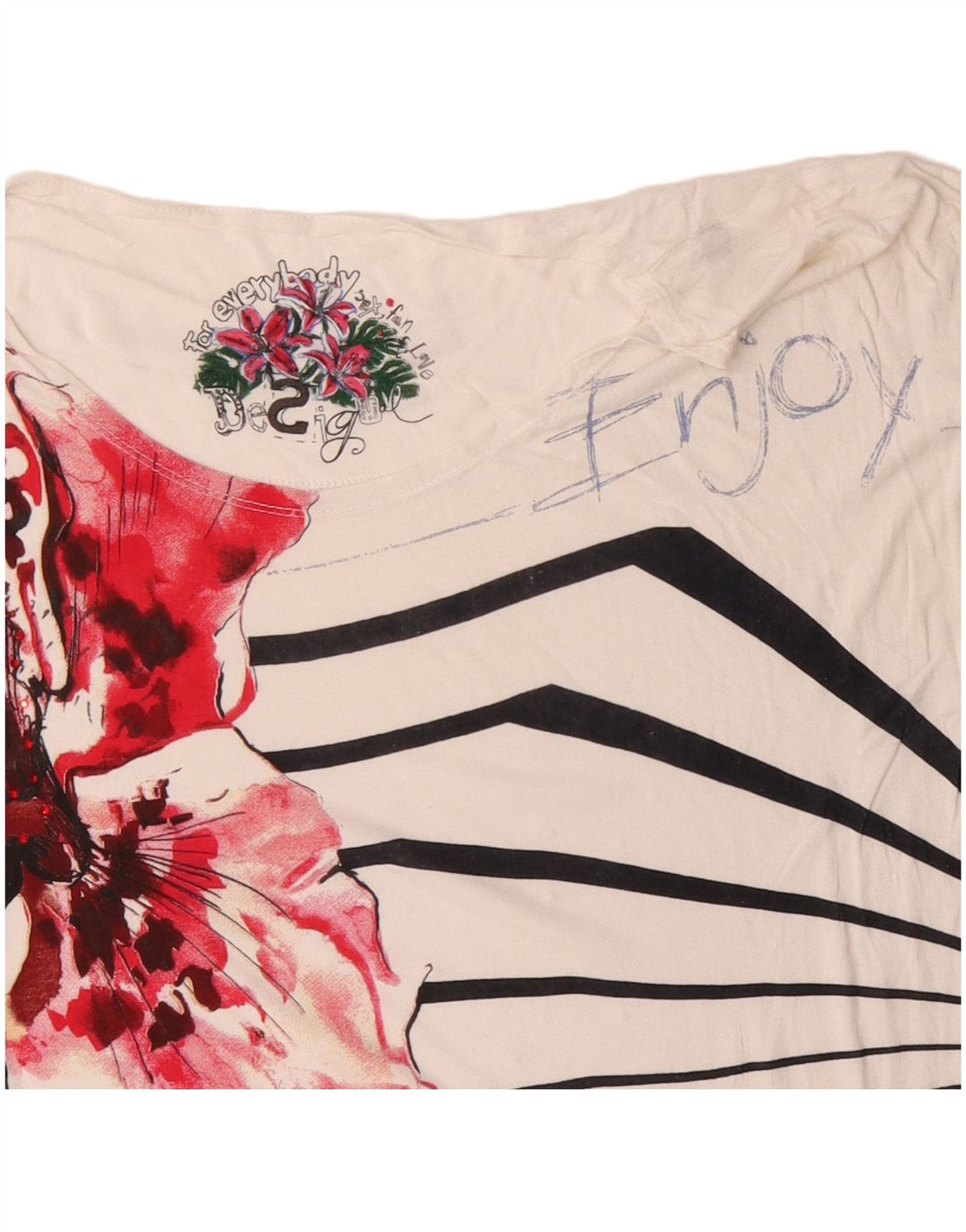 DESIGUAL Camiseta gráfica para mujer Top UK 46 Large White Floral Cotton