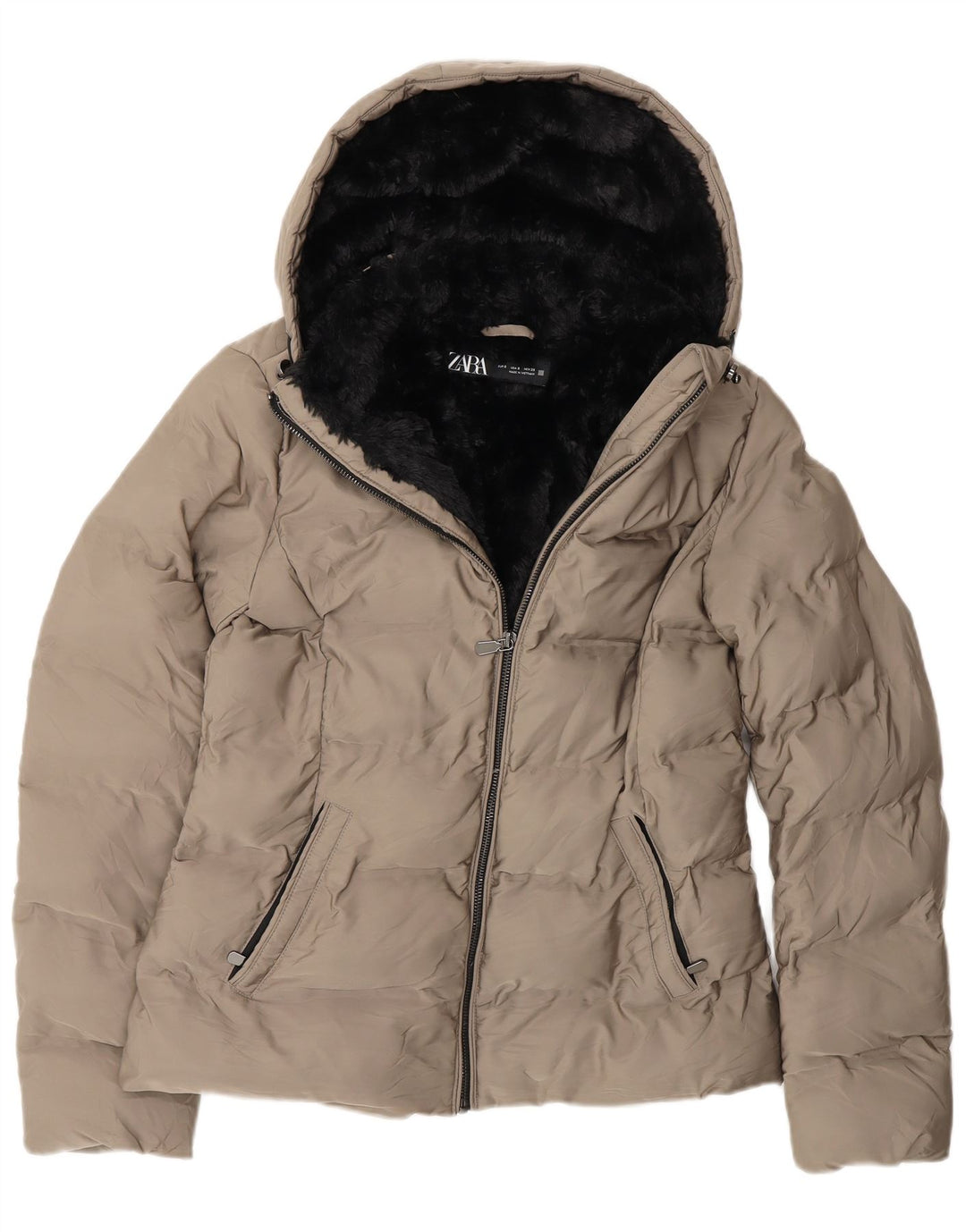 Zara Mujer Chaqueta Acolchada Sherpa Con Capucha UK 10 Small Gris Poliéster