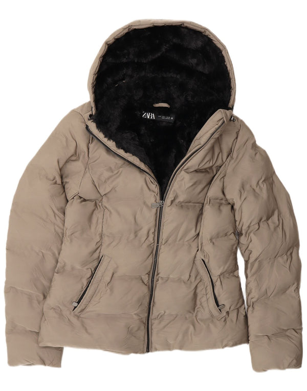 Zara Mujer Chaqueta Acolchada Sherpa Con Capucha UK 10 Small Gris Poliéster