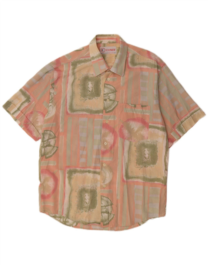 VINTAGE Camisa Manga Corta Hombre XL Viscosa Patchwork Rosa