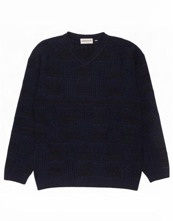 Enara Maglie Suéter con Cuello en V para Hombre Grande Azul Marino Cuadros Acrílico