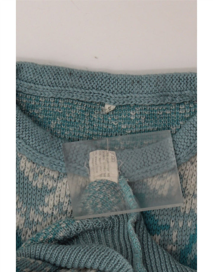 Vintage mujeres patrón abstracto cuello redondo jersey suéter Reino Unido 16 azul grande