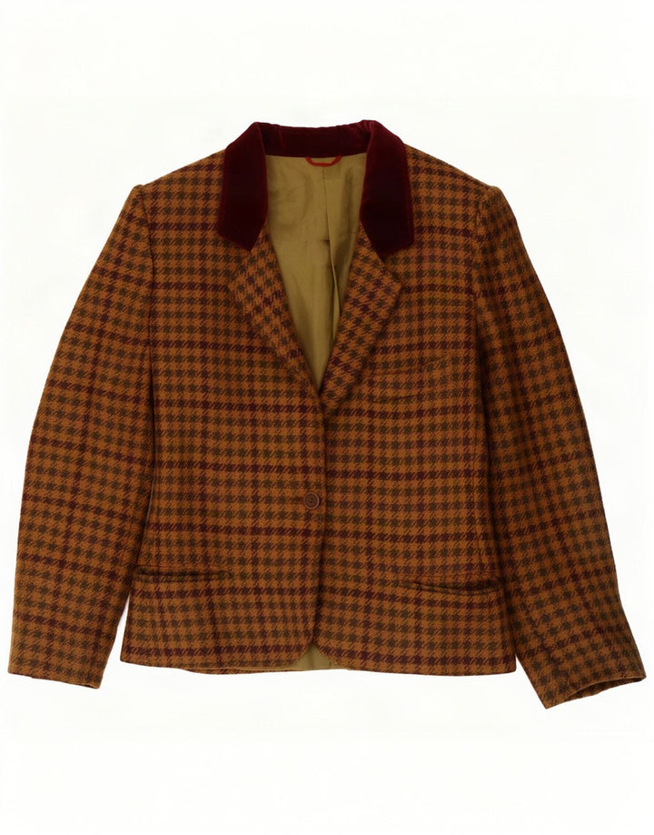 Vintage mujer 1 botón Blazer chaqueta Reino Unido 14 lana de pata de gallo marrón grande