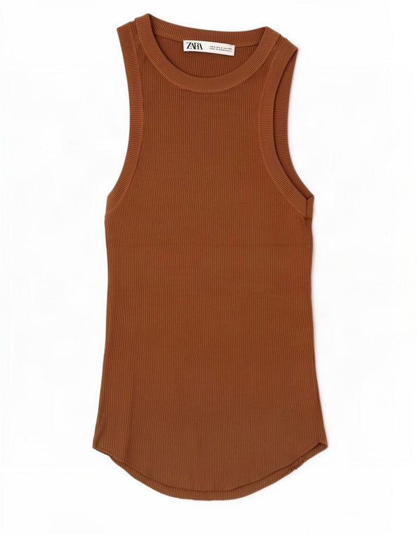 Zara Mujer Chaleco Top UK 44 Grande Viscosa Marrón