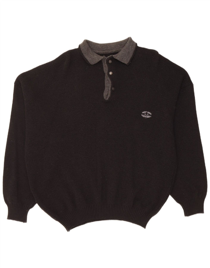 Vintage hombres polo cuello jersey suéter XL lana negra