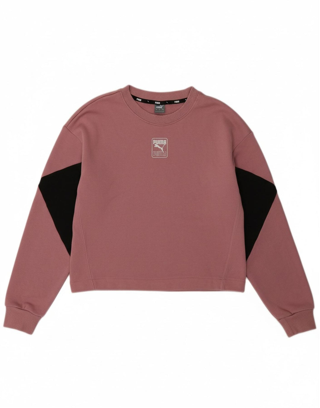 PUMA Womens Oversized Crop Sweatshirt Jumper UK 10 Small Pink Colourblock Vintage Puma and Second-Hand Puma from Messina Hembry 