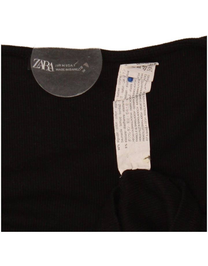 Zara Mujer Crop Front Tie Top Manga Larga UK 12 Medium Negro Algodón