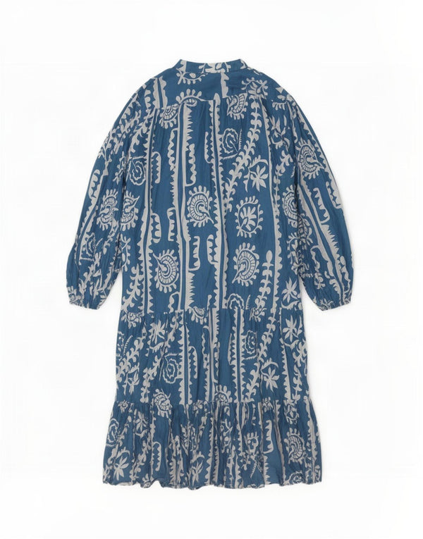 Zara Womens Long Sleeve Oversized Tiered Dress UK 18 XL Blue Floral Cotton