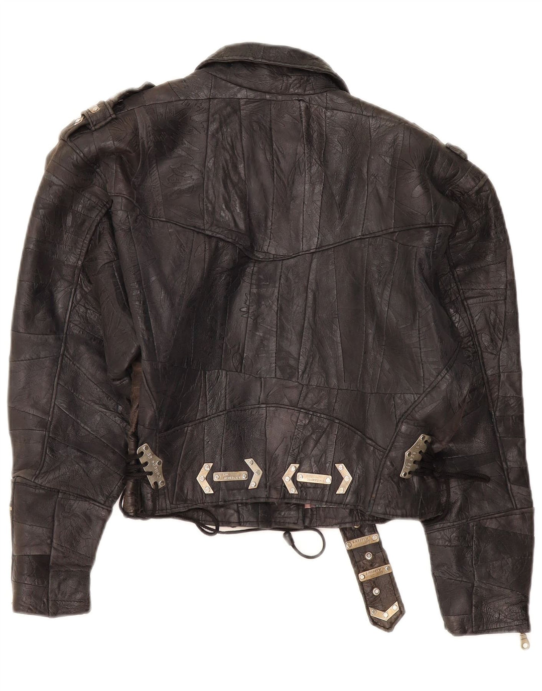 DR MARTENS Chaqueta motera de cuero corta para mujer UK 40 XL Marrón Patchwork