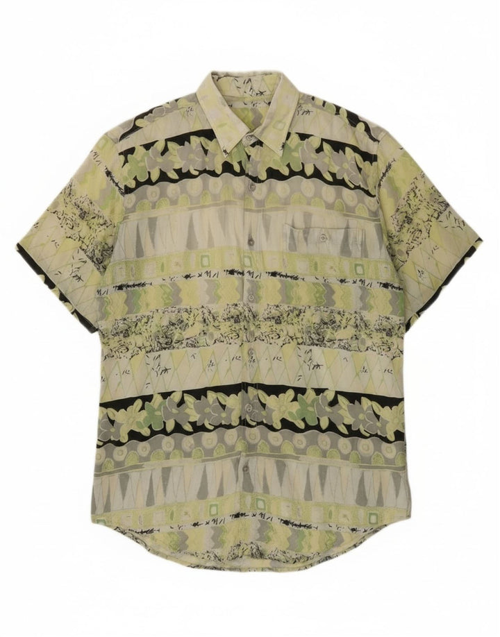 Vintage hombres camisa de manga corta verde medio geométrico