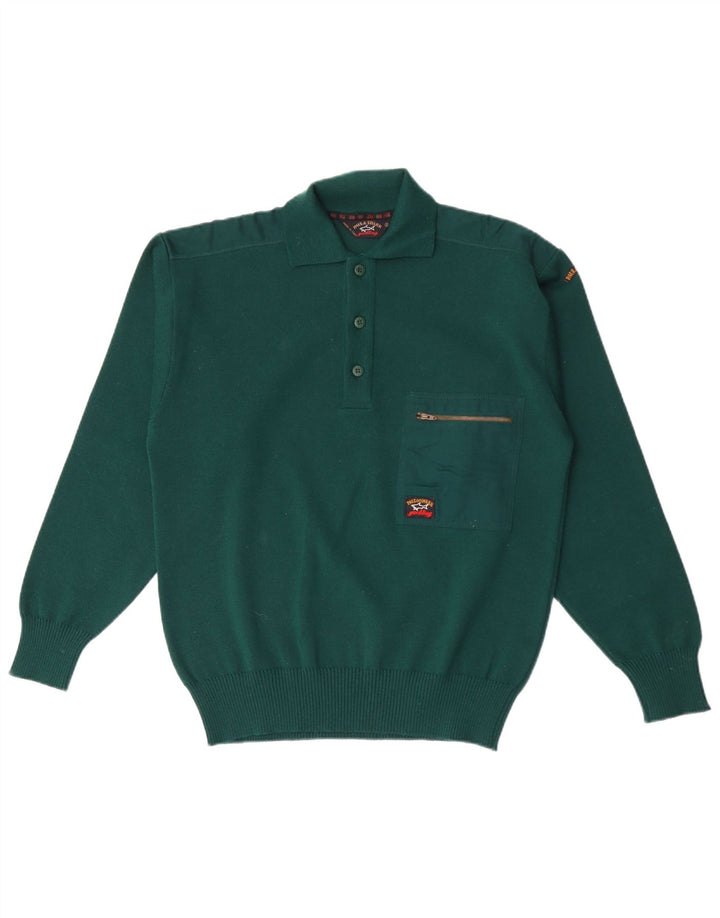 PAUL & SHARK Jersey tipo polo con cuello tipo polo para hombre, talla pequeña, de lana verde