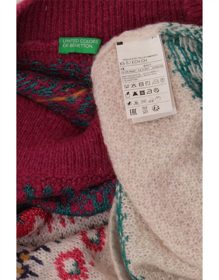 BENETTON Suéter corto con cuello de tortuga para mujer UK 6 XS Borgoña Fair Isle