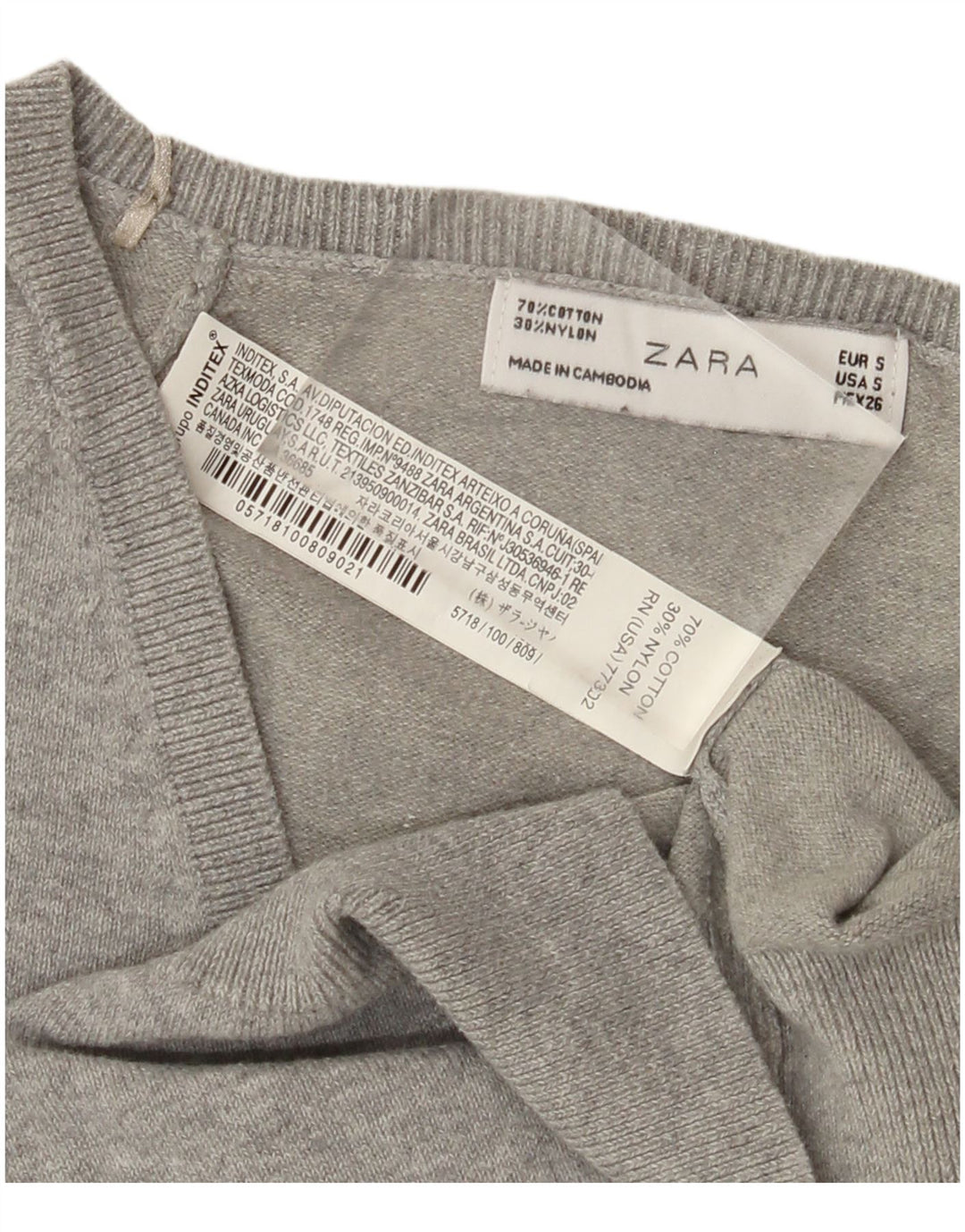 ZARA Mujer Crop V-Cuello Jersey Jersey UK 10 Small Gris Algodón